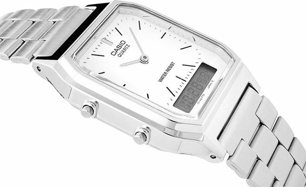 Orë dore Casio AQ-230A-7DMQ analog-digjitale për femra, rrip metalik, 3 BAR, argjend
