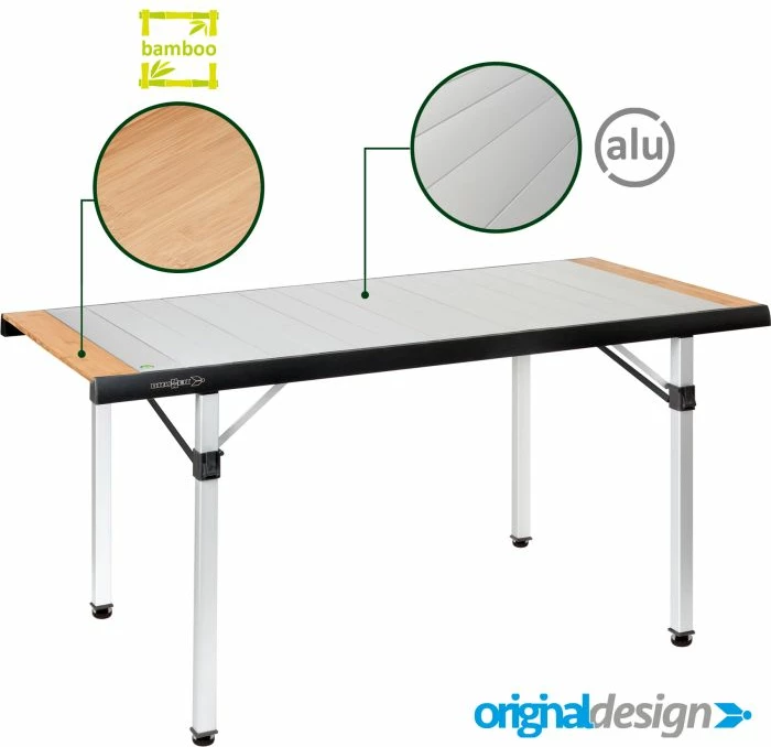 tryezë kampingu BRUNNER Titanium Quadra Tropic 4 MPN 0406095N 120.5×70×72 cm alumini 30 kg me çantë bartjeje argjendtë/zezë me bambu