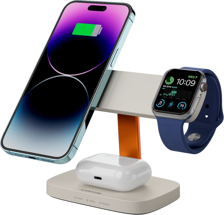 Stacion karikimi wireless CANYON Hexagon WCS-310 3n1 15W, adaptor PD 20W, USB-C, gri e çelët/portokalli