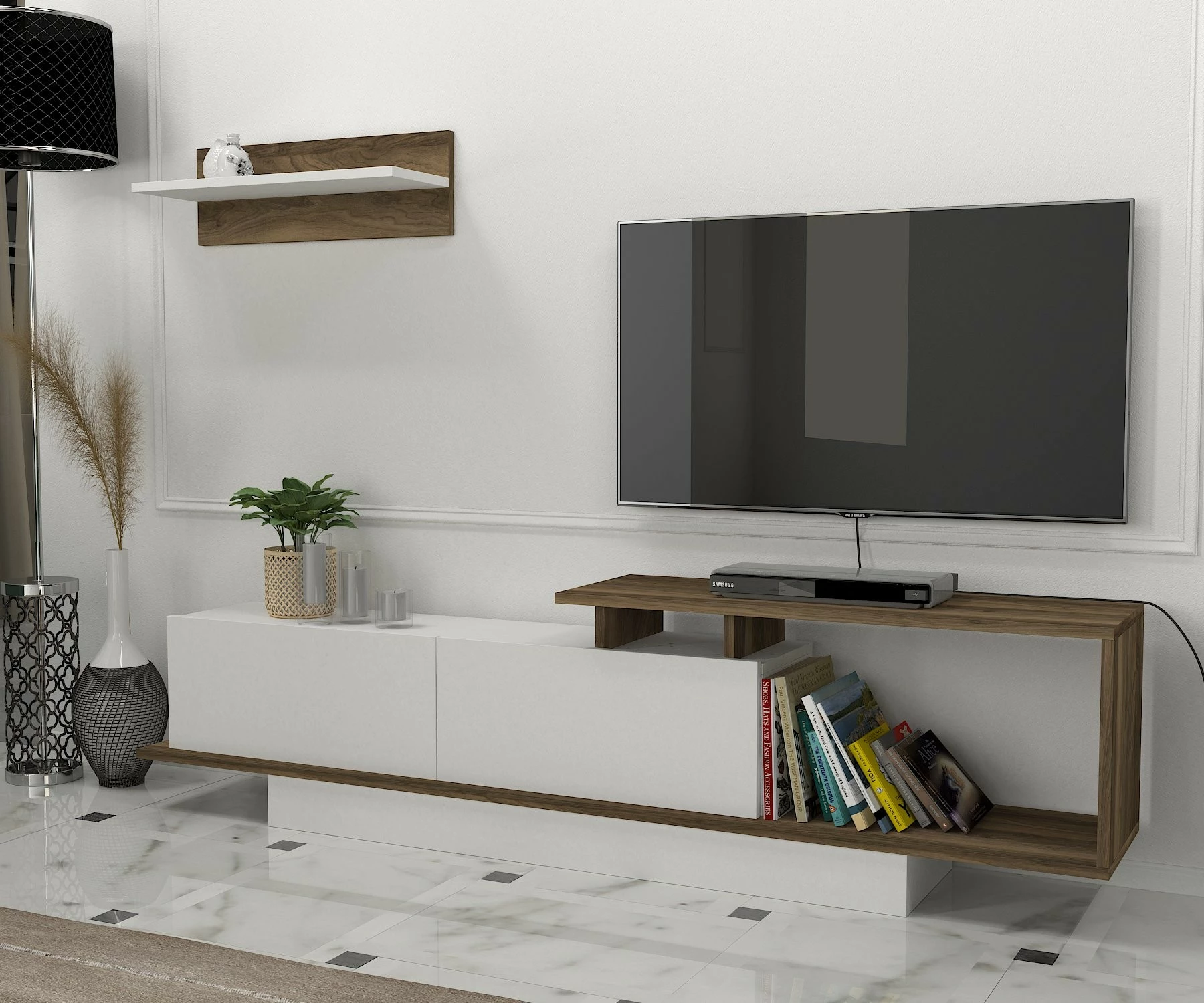 Komodë TV Hanah Home, Asos, e bardhë dhe arre