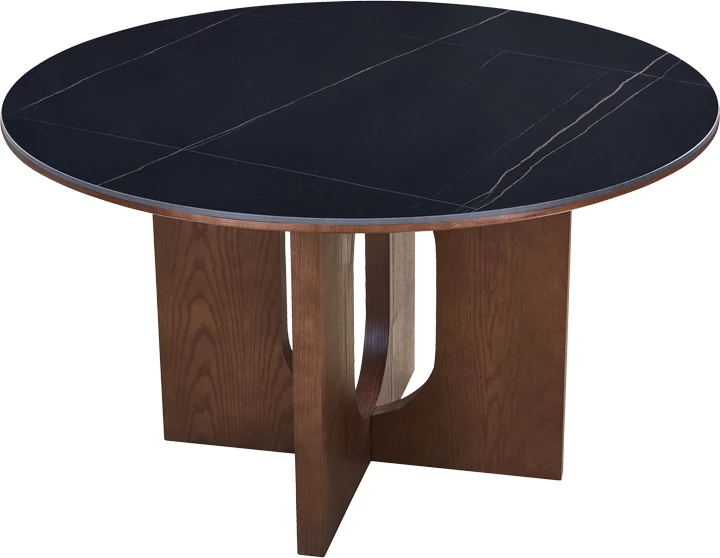 Tavolinë ngrënieje Merge, gur sintetik, MDF, ngjyrë mermeri të zi, bazë arre, D130x75cm