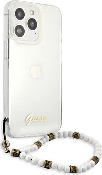Mbështjellës Guess GUHCP13LKPSWH për iPhone 13/13 Pro 6.1", Transparent, me varëse perlë