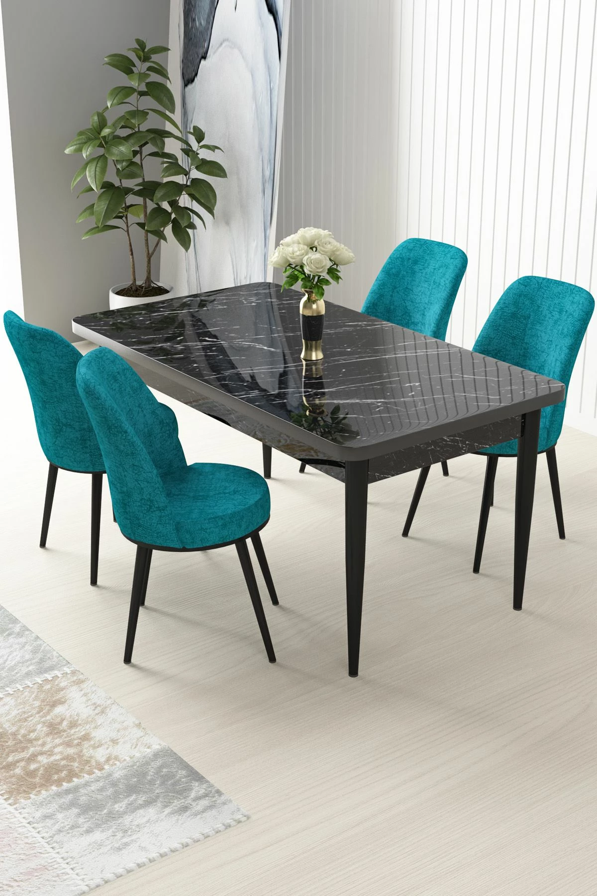 Tavolinë me karrige, 5 copë, Skye Decor, ngjyrë mermeri të zi, turquoise