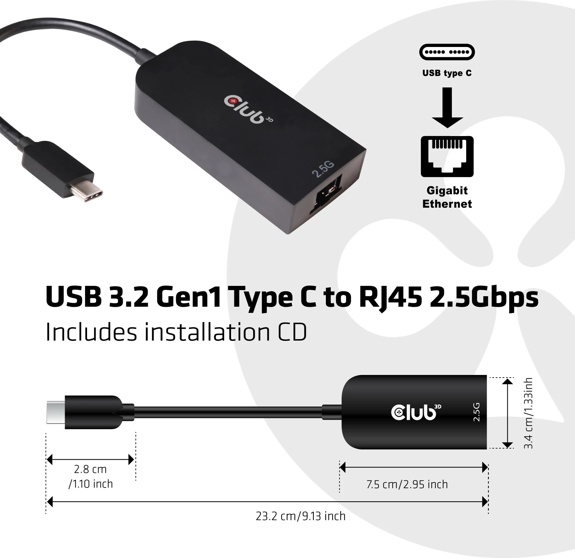 Adapter Club3D USB-C në RJ45 2.5Gbps, i zi