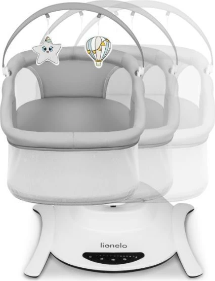 Djep lëkundës Lionelo Bella Set, 2-në-1, me muzikë, jastëk dhe lodra, Gri