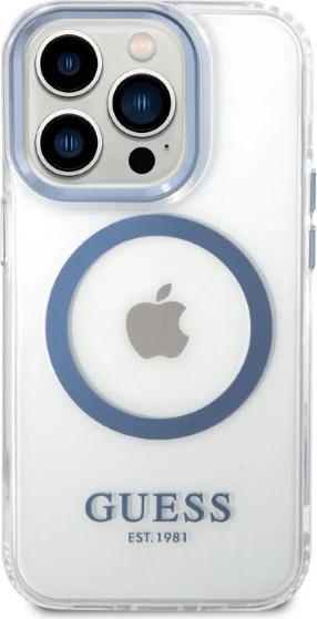 Mbështjellës Guess Metal Outline Magsafe për iPhone 14 Pro Max 6.7", kaltër/transparente