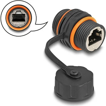 Lidhës kablli RJ45 DeLOCK Cat6A, femër-femër, me fileto M20, IP68, i zi