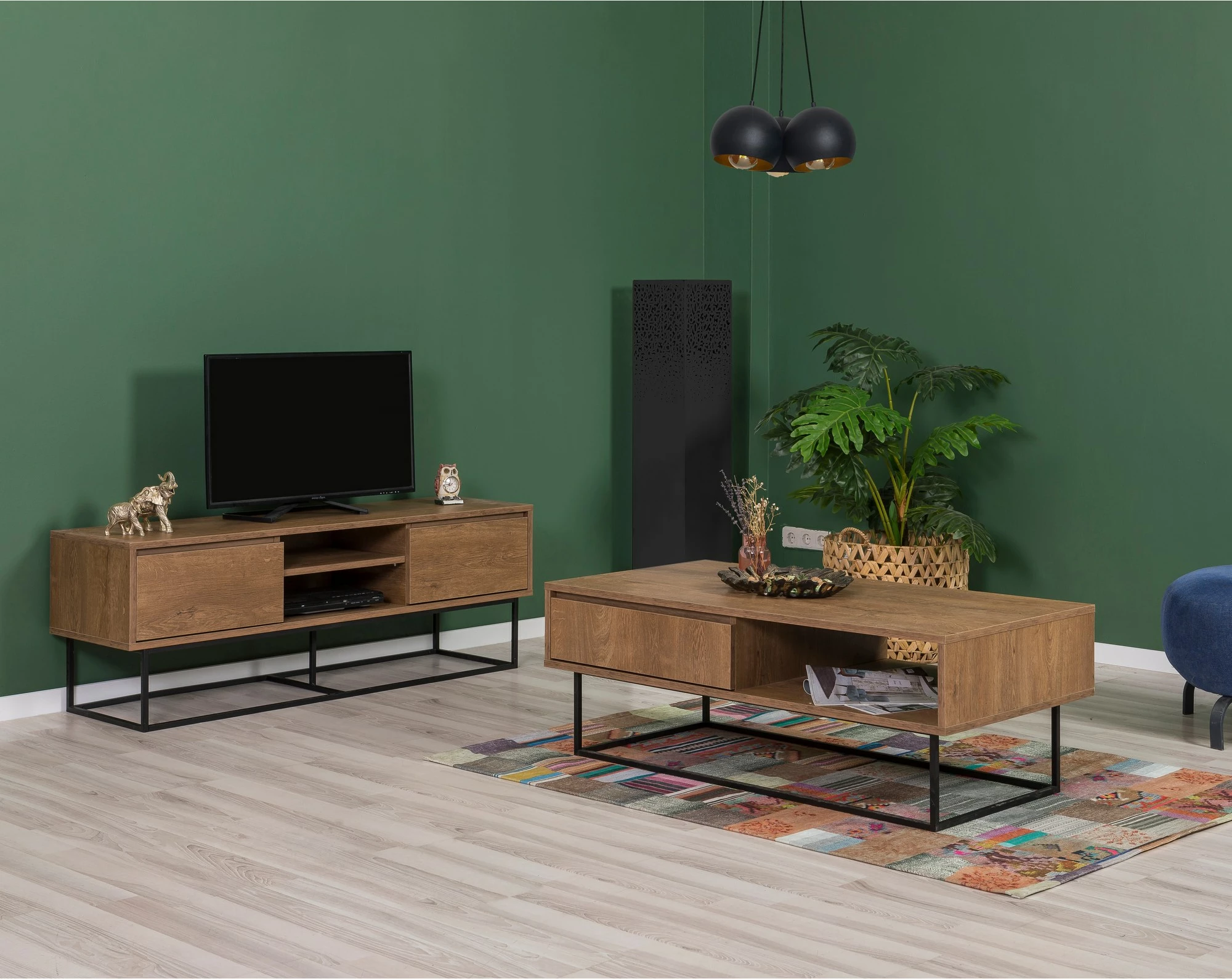 Set mobiljesh për dhomë dite, ngjyrë arrë dhe e zezë, Laxus Takım 3