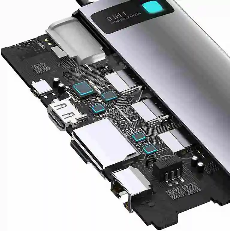 Kasë Baseus Metal Gleam Series CAHUB-CU0G 9-në-1, USB-C, HDMI, VGA, Ethernet, Gri