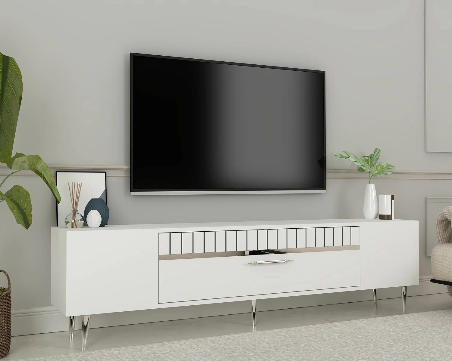Komodë TV Skye Decor, e bardhë, argjend