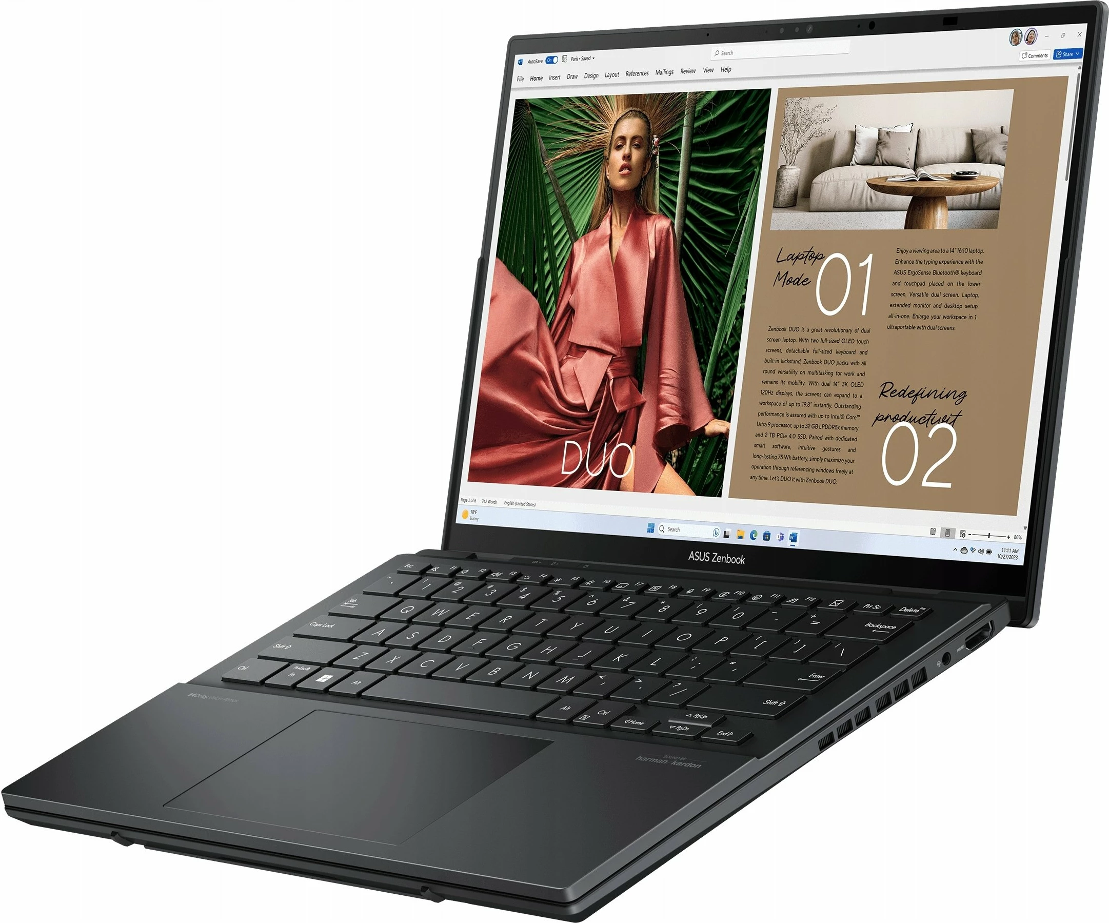 Laptop Asus Zenbook Duo OLED UX8406 (UX8406CA-QL121W), Core Ultra 7 255H, 32GB RAM, 1TB SSD, Windows 11, dual ekran 14\" OLED touch, i zi