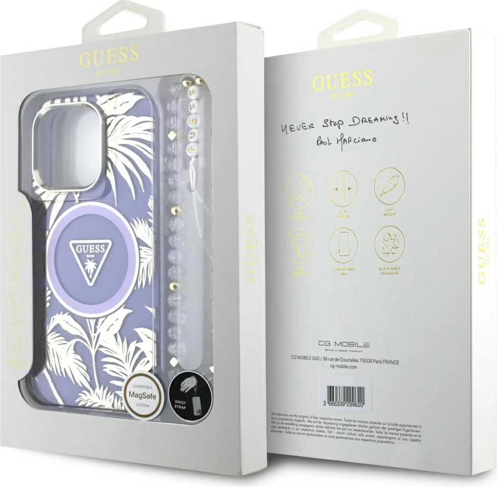 Mbështjellës, Guess, Palm Trees Triangle Pearl Strap MagSafe, për iPhone 16 Pro Max, hardcase TPU/PC, me unazë MagSafe dhe varëse rruzash, vjollcë