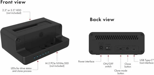 Stacion dokimi dhe klonimi ICYBOX IB-2914MSCL-C31, USB 3.2 Gen 2, për M.2 NVMe dhe 2.5/3.5\" SATA SSD/HDD, e zezë