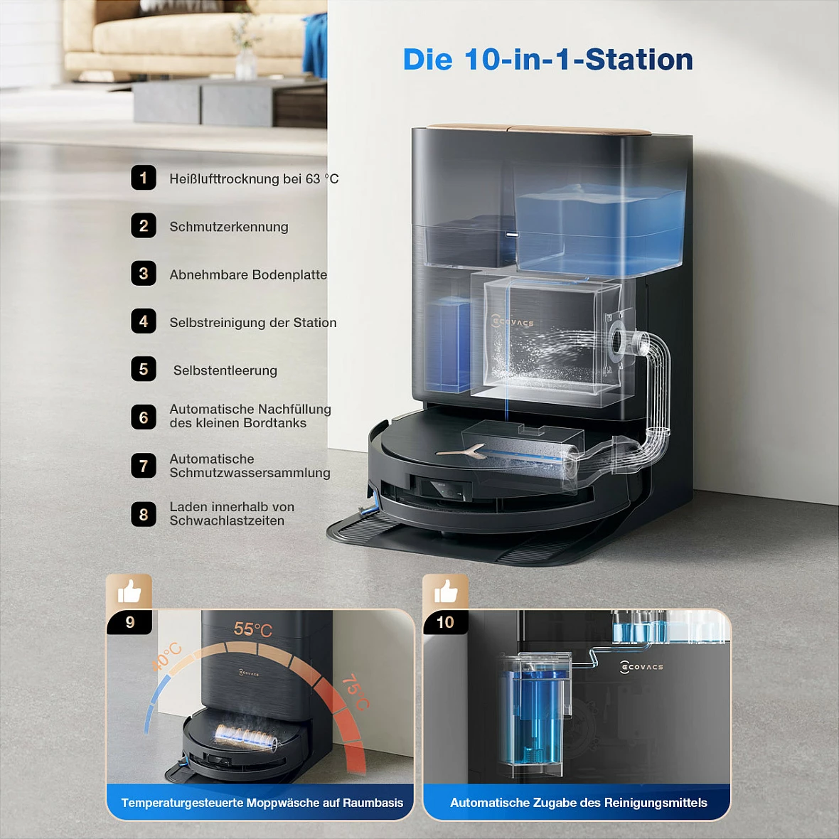 Fshesë robotike ECOVACS Deebot X9 Pro Omni, me larje dyshemeje, stacion bazë, e zezë