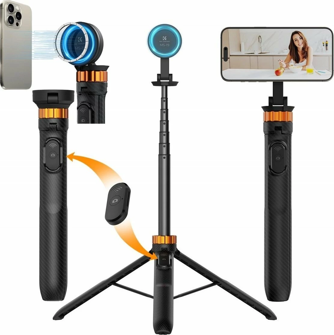 Selfie stick tripod K&F Concept KF09.139 162 cm me magnet MagSafe, telekomandë Bluetooth, i zi