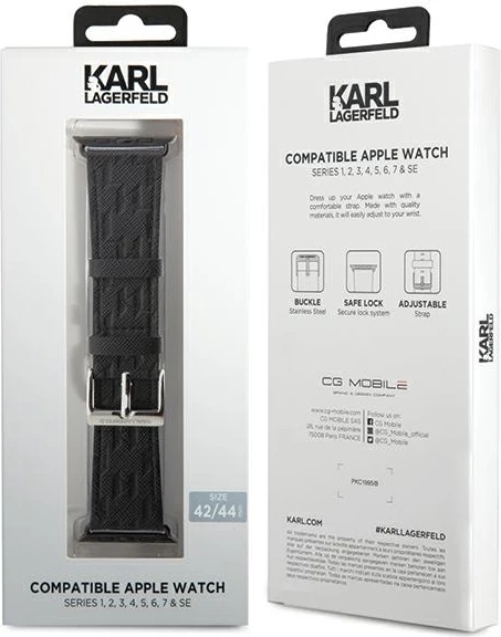 Rrip për Apple Watch Karl Lagerfeld Saffiano Monogram, lëkurë, i zi, 42/44/45/49mm