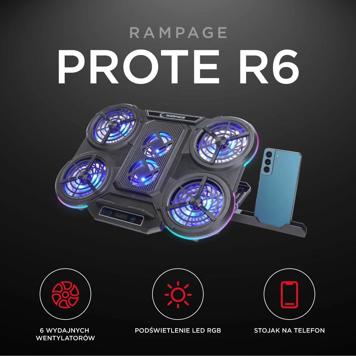 Bazë ftohëse për laptop Rampage Prote R6 10-17\", RGB, rregullueshme, 2x USB, e zezë