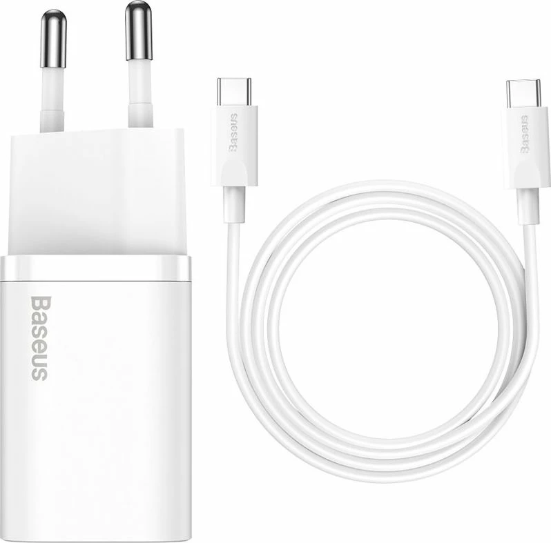 Ngarkues muri Baseus Super Si TZCCSUP-L02 25W USB-C PD 3A, bardhë, set me kabllo USB-C në USB-C 1m