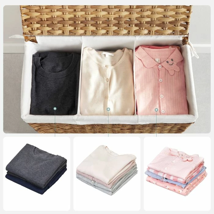 Shportë rrobash SONGMICS LCB363N01 140 L 66 x 33 x 60 cm me kapak, 3 ndarje, me rrota, natyrale