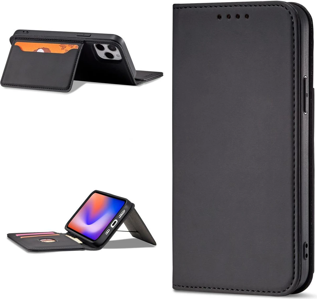 Mbështjellës Hurtel Magnet Card Case për iPhone 12 Pro, me kapak, portofol dhe mbajtëse, i zi