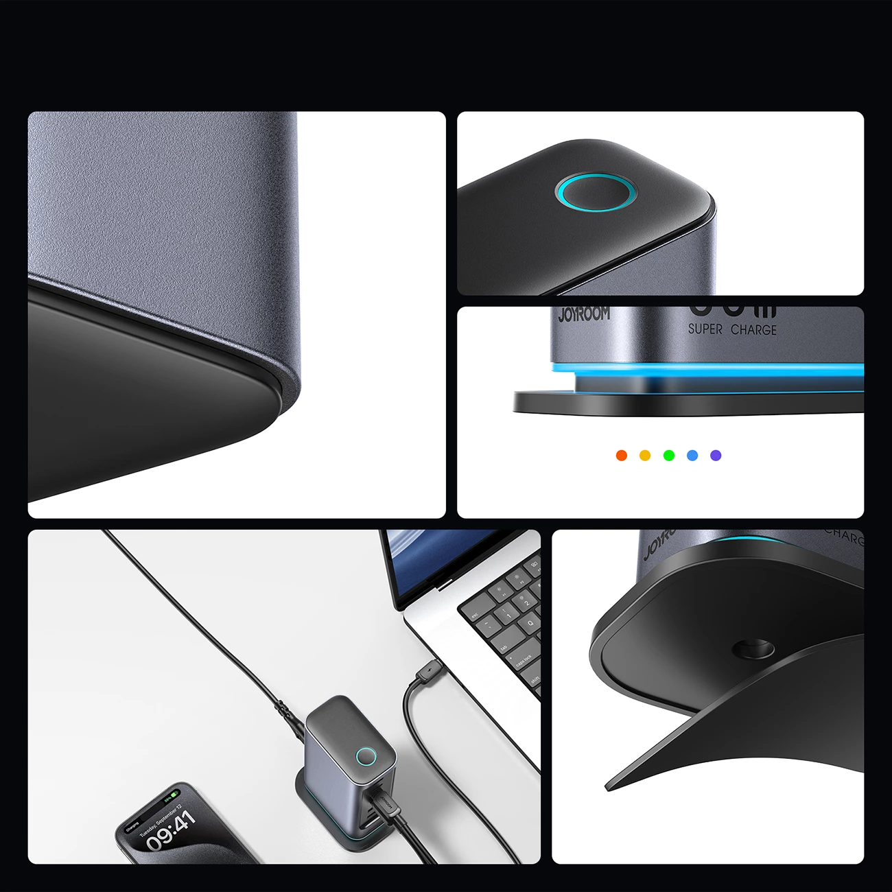 Karikues muri Joyroom JR-TCM02, 65W, 4x USB-C, 2x USB-A, GaN, Gri e errët