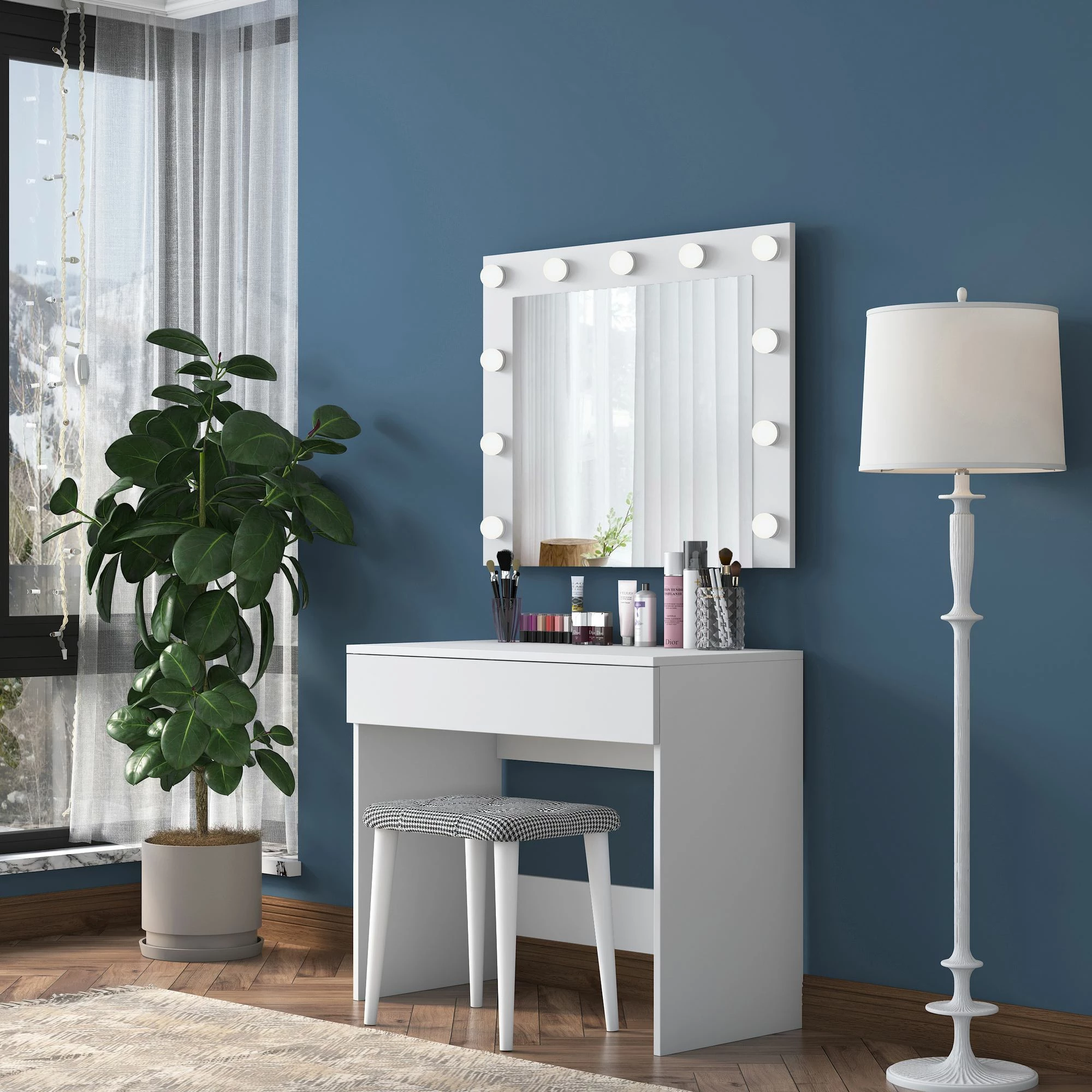 Tavolinë grimi Hanah Home, BJ121 - 2934, e bardhë, me pasqyrë dhe puf