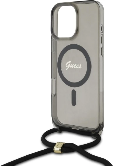 Mbështjellës Guess Crossbody Cord Script MagSafe për iPhone 16 Pro, i zi