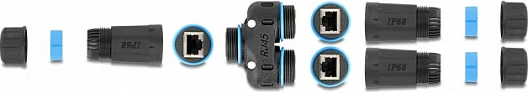 Adapter RJ45 DeLOCK Cat6a IP68, 1x RJ45 në 2x RJ45, i zi/kaltër