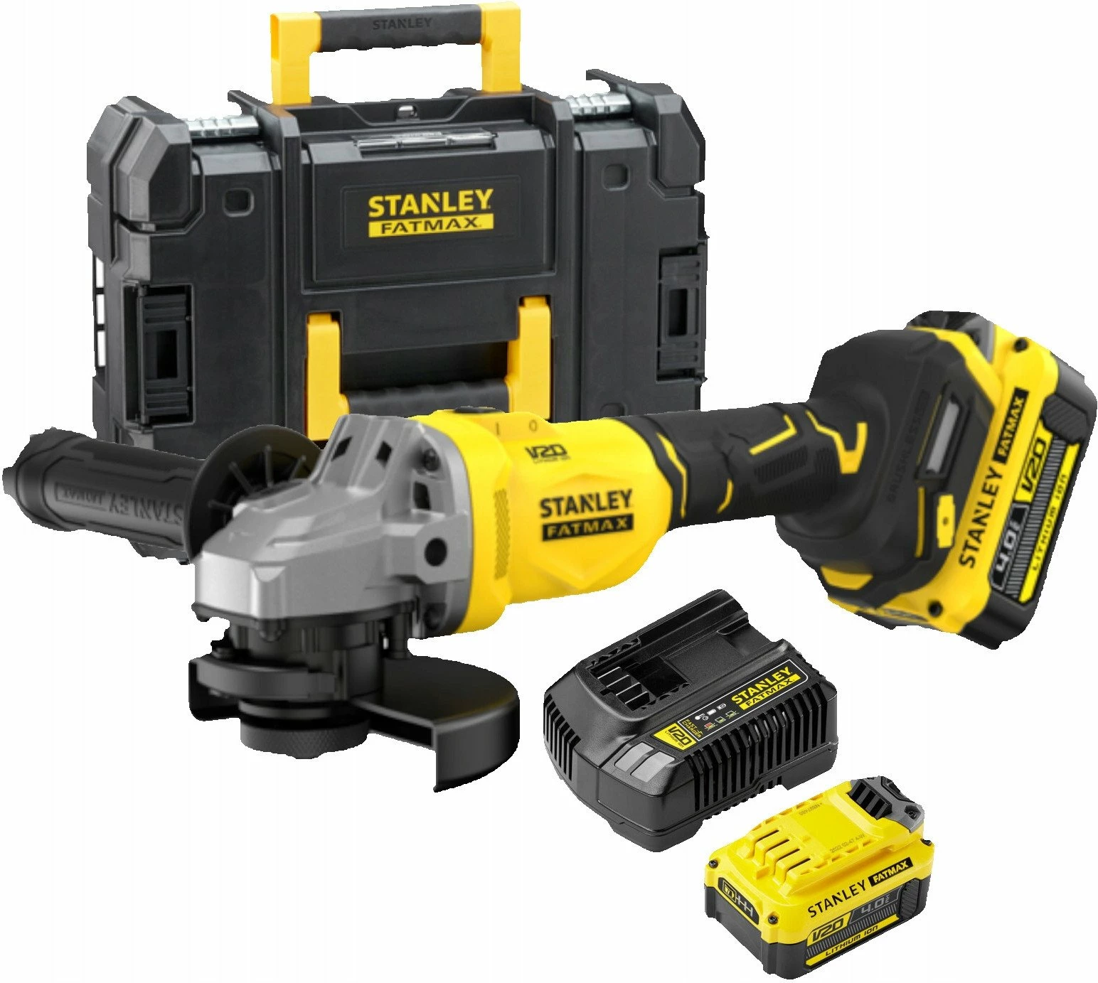 Bluarëse këndore Stanley FATMAX SFMCG710M1TQW 18V 125mm brushless, set me bateri 4Ah + karikues + valixhe PRO-STACK, zi/verdhë