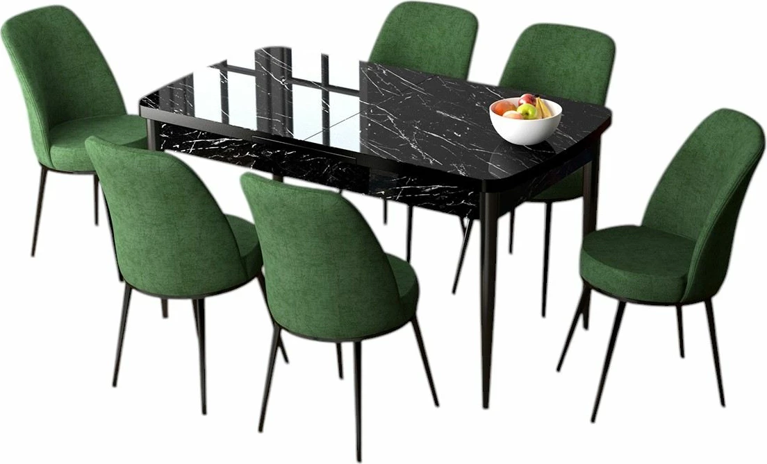 Set tavoline me karrige, zgjatshme, 7 pjesë, Skye Decor, Zen, mermer i zi, karrige ngjyrë haki