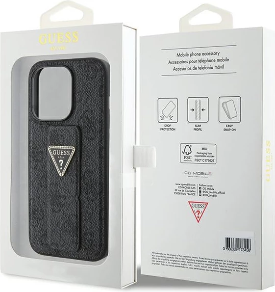 Mbështjellës Guess Grip Stand 4G Triangle Strass për iPhone 15 Pro, i zi