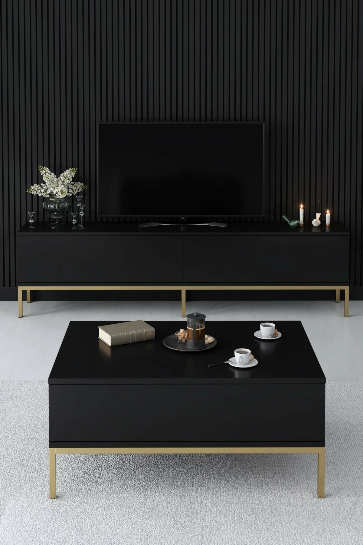 Komodë TV Skye Decor, Lord, e zezë, e artë