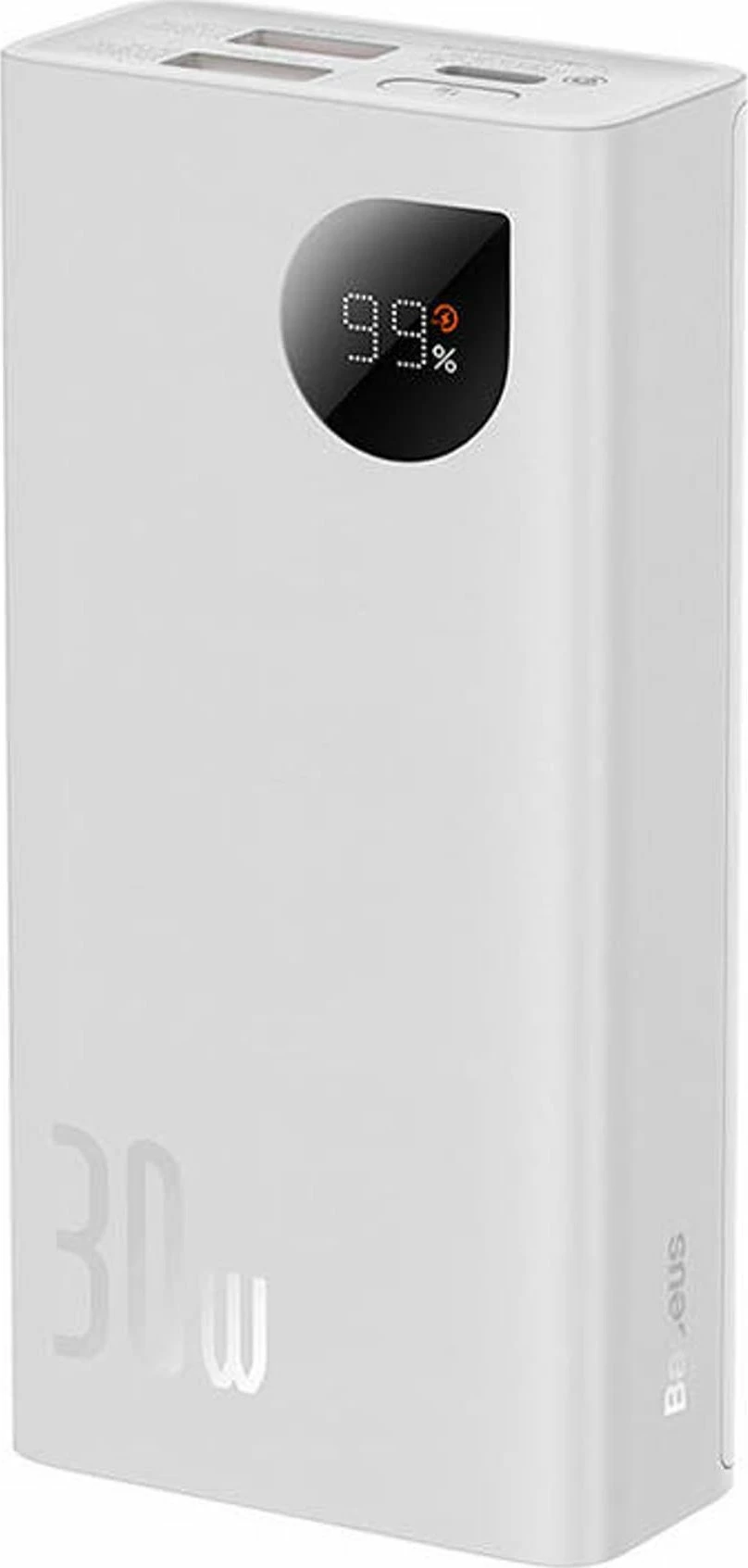 Powerbank Baseus Adaman2 10000mAh 30W PD me display, 3 porta, me kabllo USB-C 30cm, i bardhë