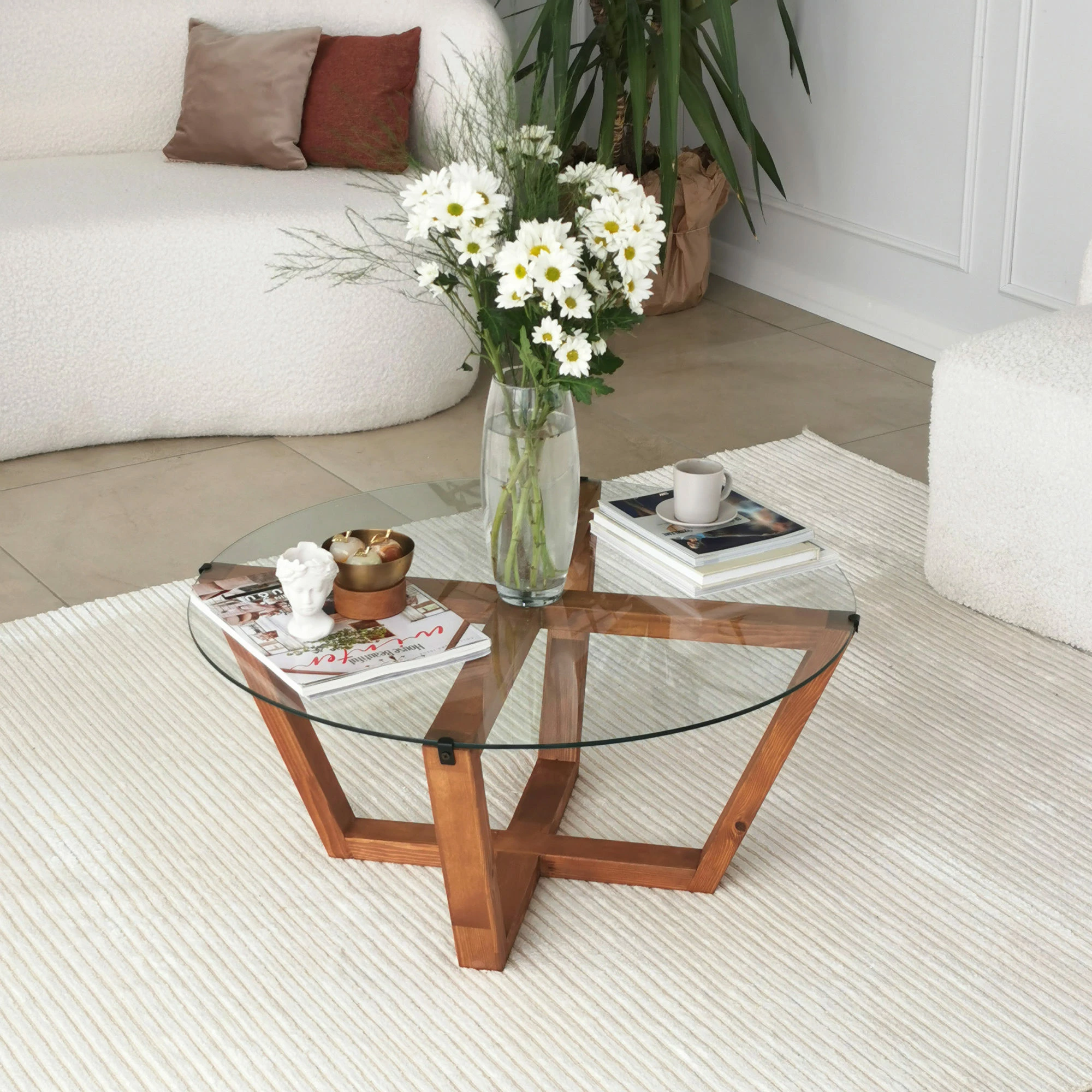 Tavolinë kafeje Hanah Home, Lotus, ngjyrë druri, xham i temperuar, 75x35x75cm