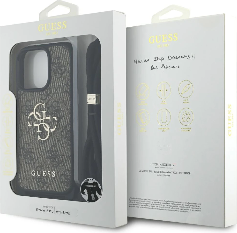 Mbështjellës Guess 4G Big Logo Cord Stap Crossbody për iPhone 16 Pro, Kafe
