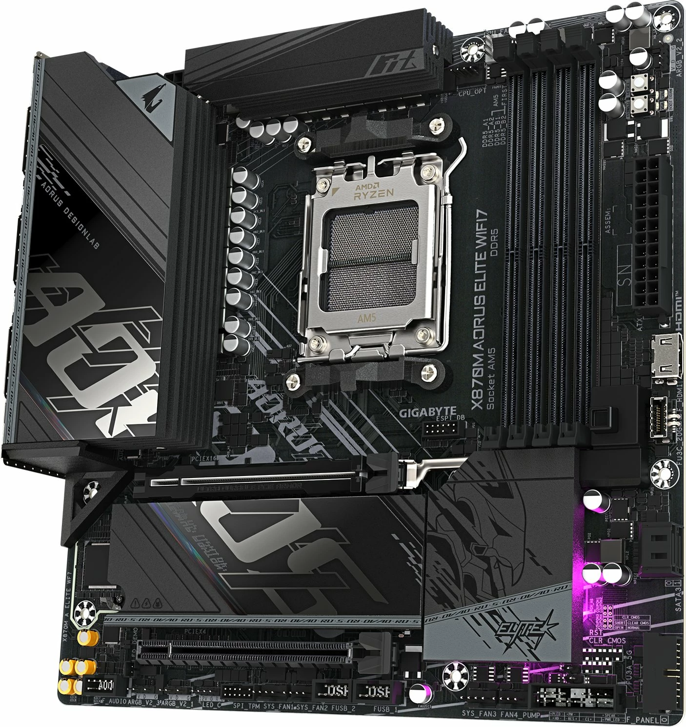 Pllakë amë Gigabyte X870M AORUS ELITE WIFI7 (AM5, Micro ATX, DDR5, Wi‑Fi 7) e zezë, me antenë Wi‑Fi