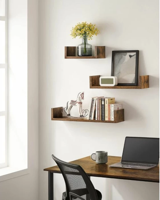 Set rafte muri fluturuese VASAGLE SONGMICS LWS066T01, U-shape, 15×30/45/60×10 cm, 3 copë, vintage brown