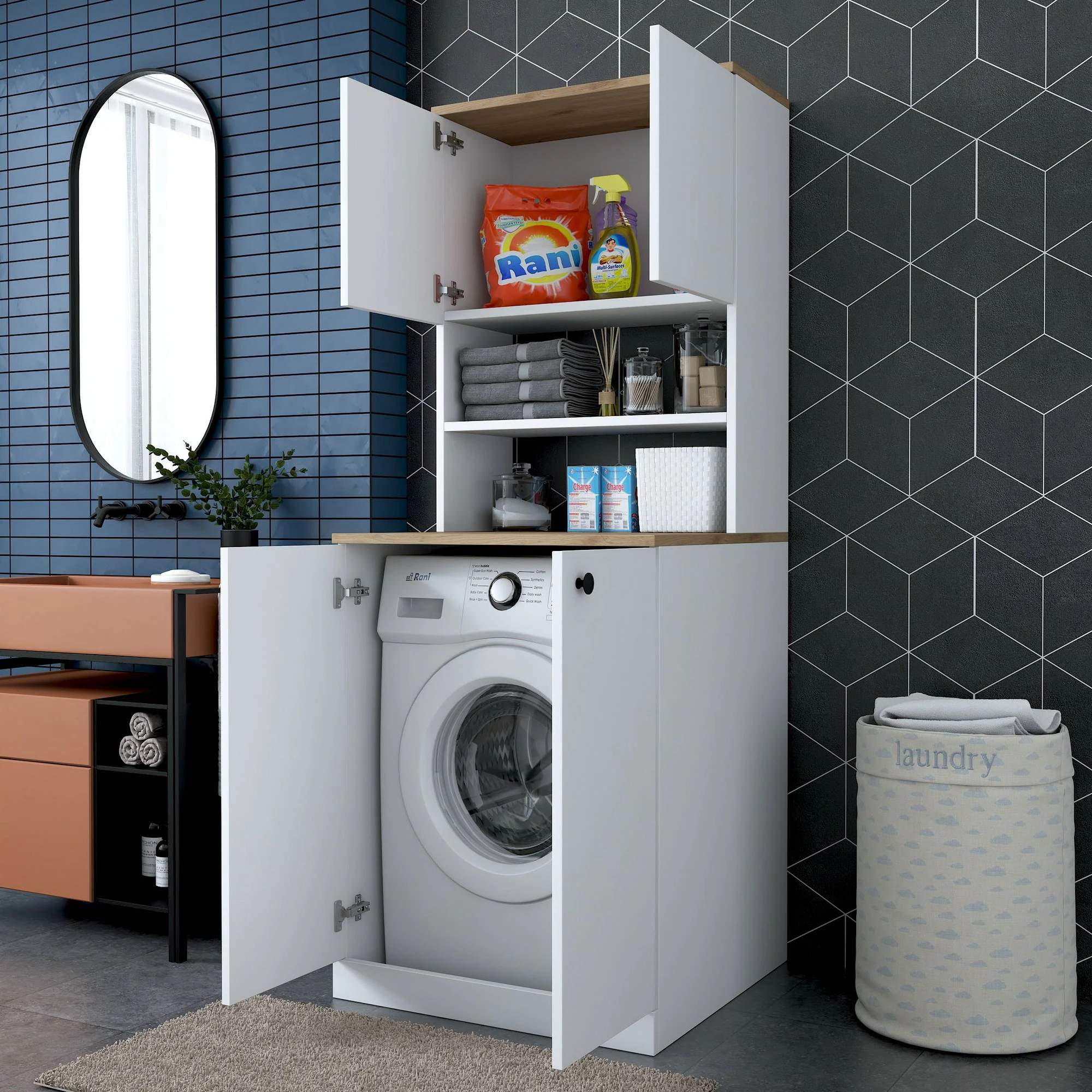 Dollap për lavatriçe, ngjyrë e bardhë dhe arre, Hanah Home KD102-2160