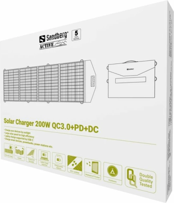 Karikues diellor Sandberg 420-82 200W QC3.0 + USB-C PD + DC5521, i zi