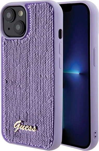 Mbështjellës Guess Sequin Script Metal për iPhone 15, vjollcë