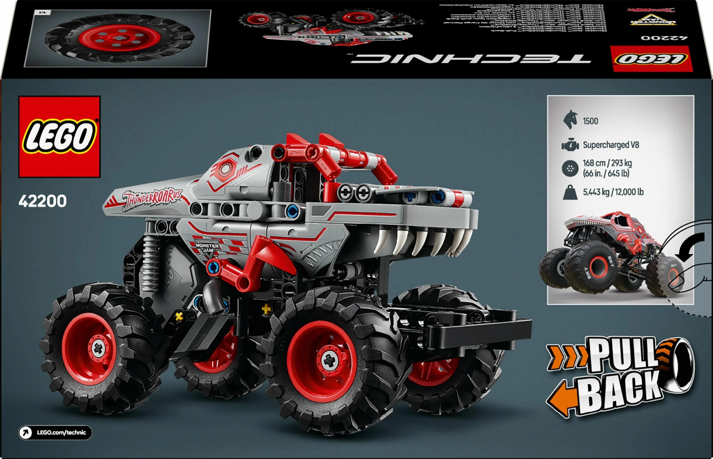 Set ndërtimi LEGO Technic Monster Jam ThunderROARus 42200, 232 copë, Pull-Back, gri/kuqe