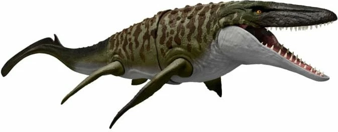 Figurë dinosauri Mattel Jurassic World Bite ‘n Blast Mozazaur JCH00, 65 cm, me kafshim/gëlltitje & pështymje, me minifigurë Dilofozaur