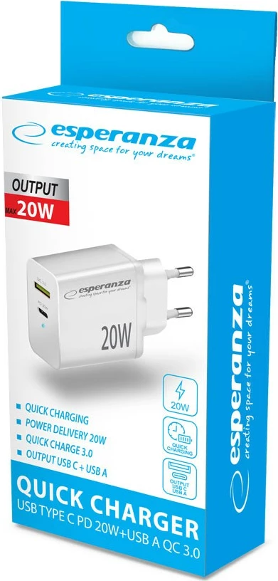 Karikues Esperanza EZC105W, 20W, Quick Charge 3.0, 1x USB-A, 1x USB-C, Bardhë