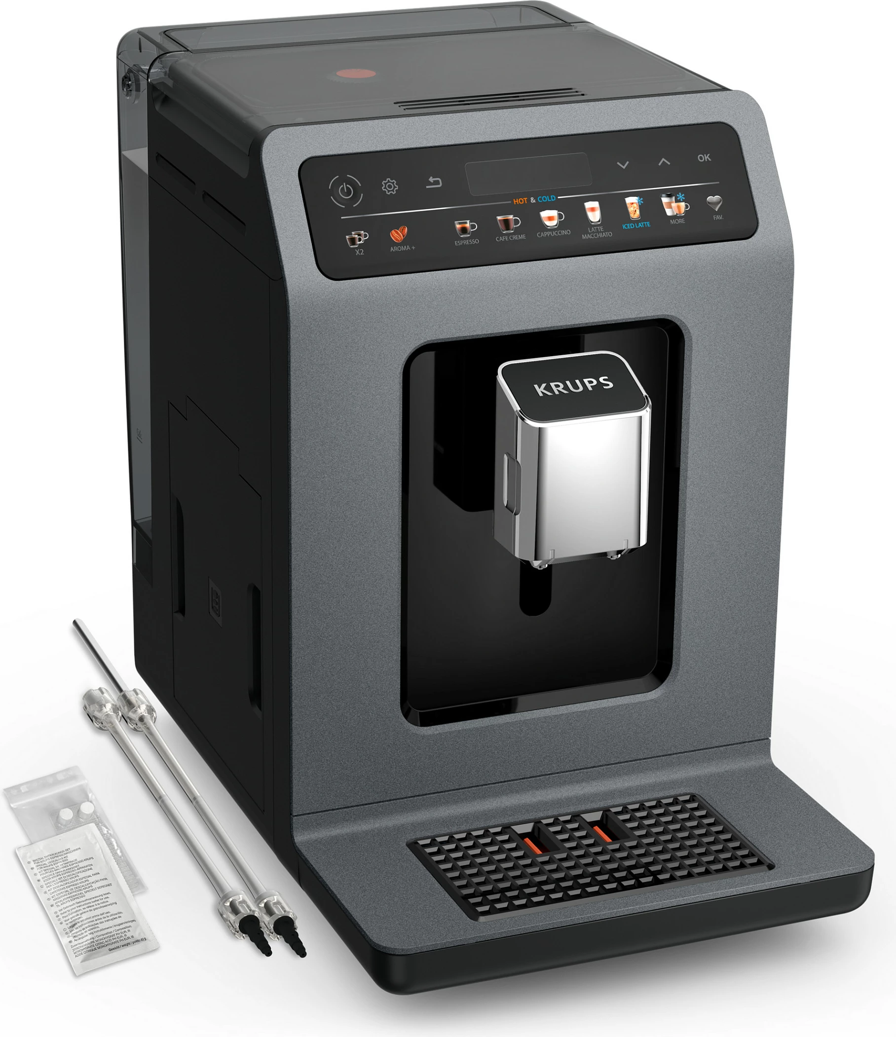 Aparat kafeje espresso Krups EA 898 GF Hot & Cold, fully-auto, 15 bar, mulli i integrum, i zi/hiri