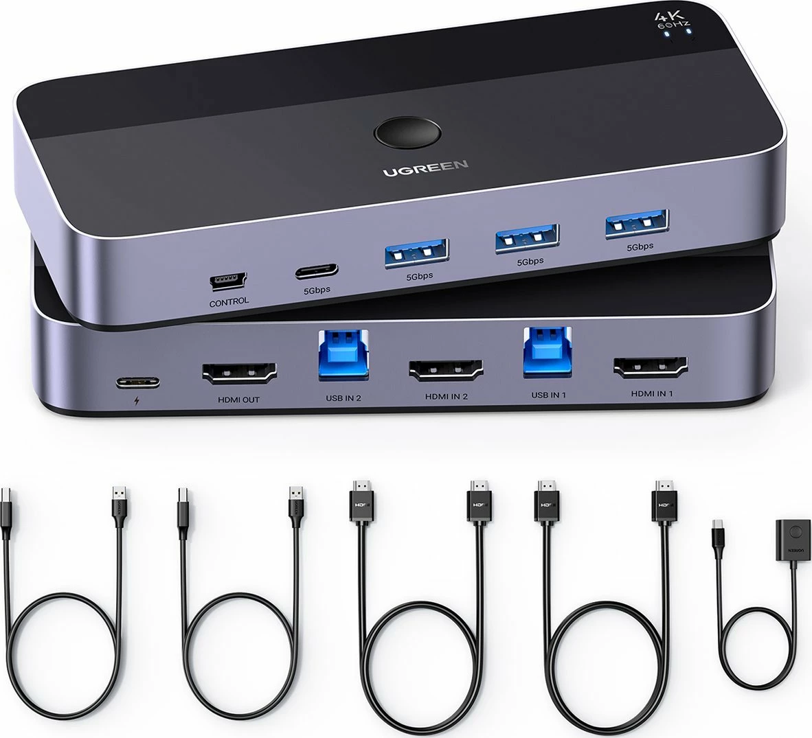 KVM Switch Ugreen CM664, 3xHDMI, USB 3.2 Gen2 5Gbps, 4K@60Hz HDR, me telekomandë, set me kabllo, i zi