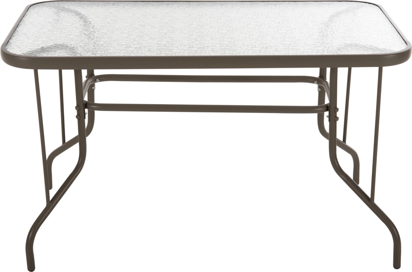 Tavolinë metalike për jashtë ADAM, ngjyrë shampanjë, me sipërfaqe xhami të forcuar, 120x70x71H cm