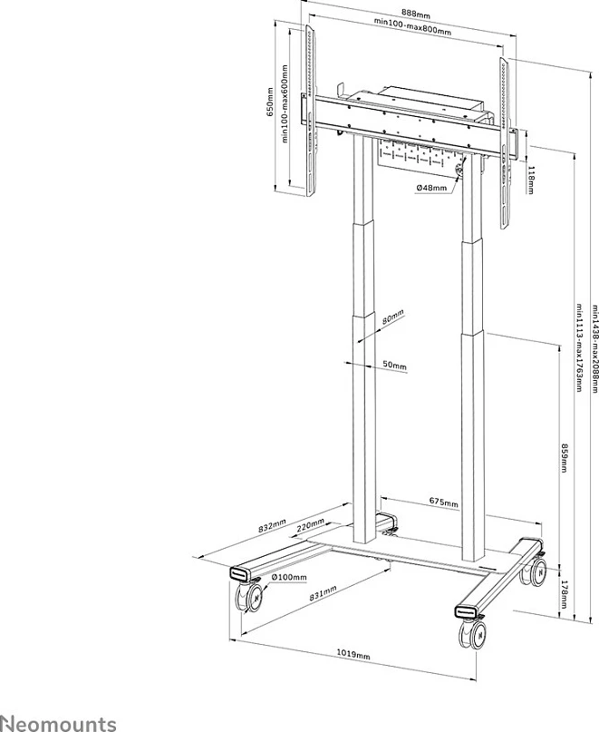 Stendë dyshemeje motorike Neomounts FL55-875BL1, 100", 110 kg, e zezë