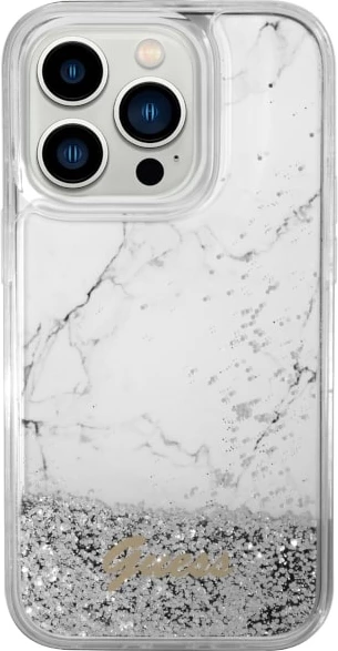 Mbështjellës Guess Liquid Glitter Marble për iPhone 14 Pro 6.1", i bardhë