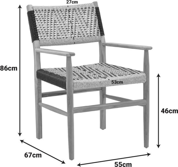 Karrige me krahë Fermilo, skelet druri teak, litar PE, ngjyrë natyrale-e zezë, 55x67x86cm