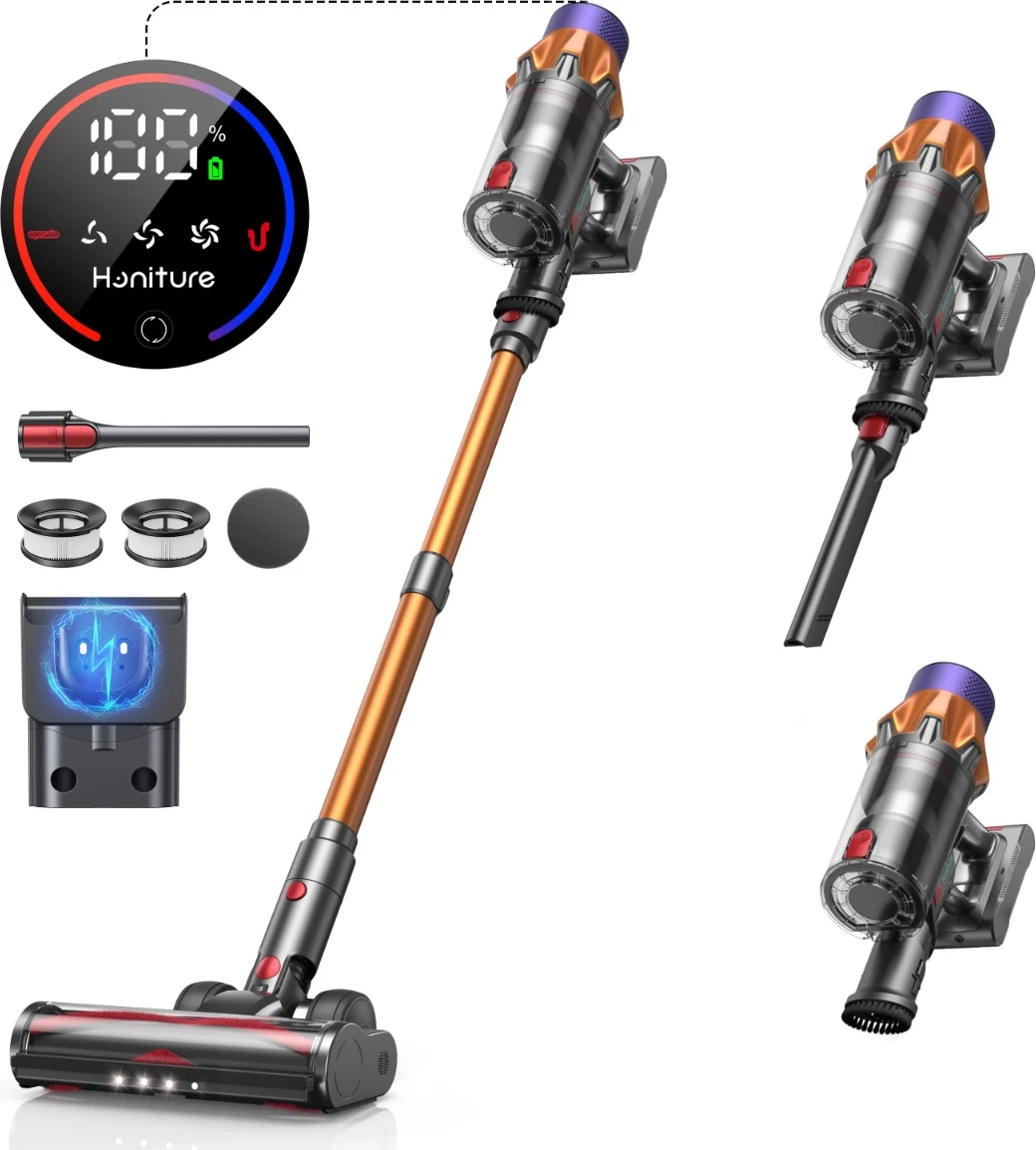 Fshesë elektrike vertikale pa kabllo Honiture X7, 550W, 45.000Pa, 60min, 1.5L, HEPA, ekran LED me prekje, gri/portokalli